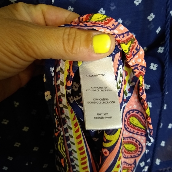 Olsenboye blue patterned flowy chiffon boho short sleeve peasant top - Picture 6 of 7